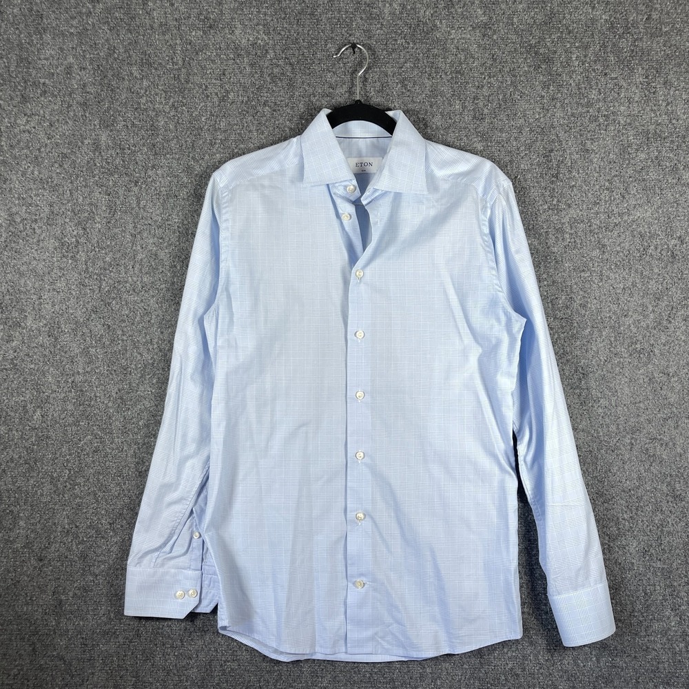 ETON Slim Fit Light Blue Checkered Long Sleeve Shirt 100% Cotton Size 15 / 38